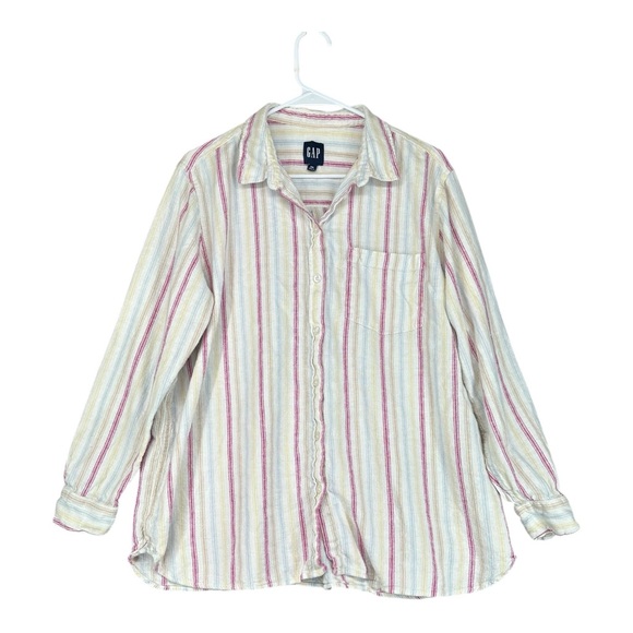 GAP Tops - Gap Women’s XXL Linen Blend Striped LS Button Shirt Coastal Fisherman Beachy‎
